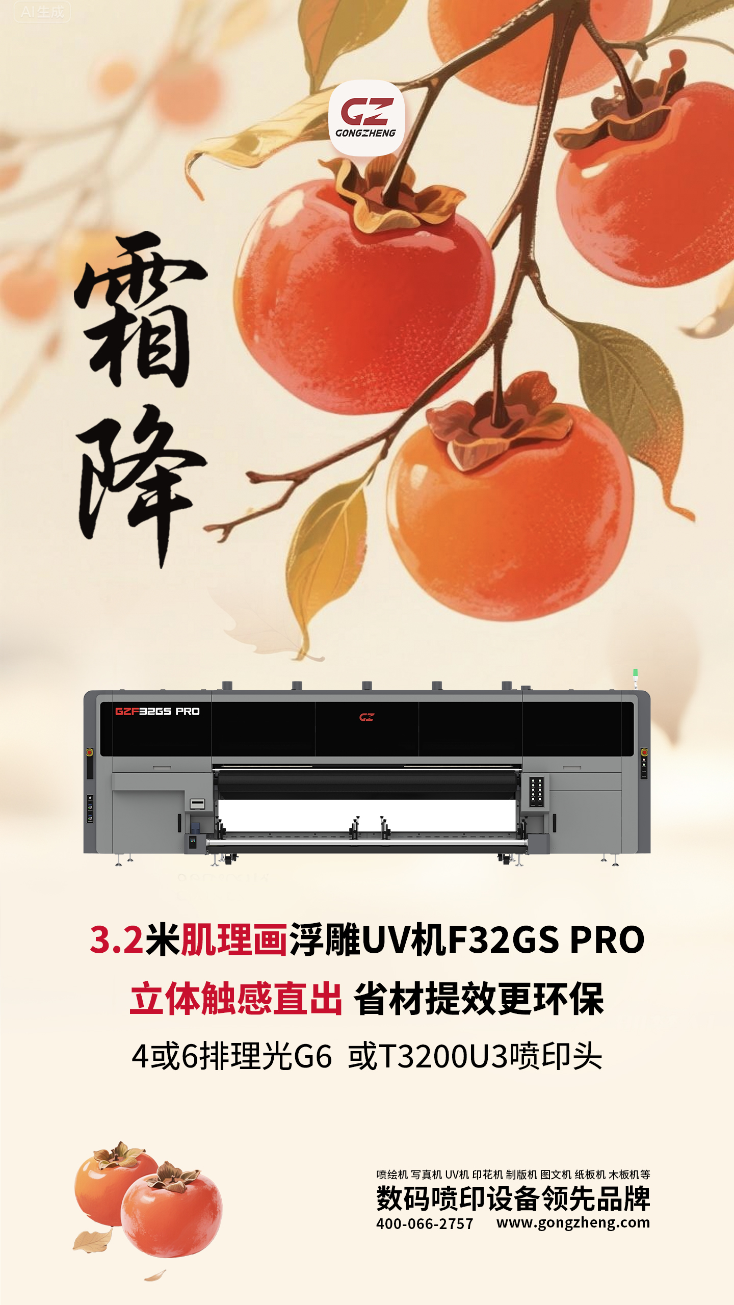 工正3米2肌理画UV机霜降海报立体触感直出4或6排理光G6或T3200U3喷印头浮雕质感颠覆传统：3mm立体堆叠打印，替代亚克力雕刻，材料零浪费，小批量定制成本巨降！高精喷头任选：4排/6排理光G6或T3200U3，720x1800dpi高清画质，支持光油+烫金色彩方案灵活：CMYK（可选Lc、Lm六色+白墨），搭配光油+烫金，质感层次更丰富稳印不跑偏：直线电机+金属光栅，6区吸风控料，柔性/曲面材料平稳过料，连续工作稳定性拉满高强度传送带：特殊材质打造，精度高、承重大，吸附平整不偏移，适配多样介质