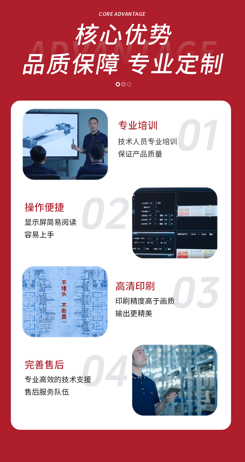 专业技术培训帮你快速上手，操作屏易读好操作；高清印刷无杂纹，全国28个售后网点24小时响应，使用全程无忧。
